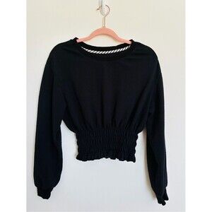 Anthropologie Maeve Black Long-Sleeve Cropped Sweatshirt with Smocked Waist smal